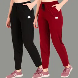 Pack of 2 Women Solid Black, Maroon Track Pants-image-3