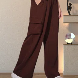 Women Regular Fit Brown Cotton Blend Trousers-image-3