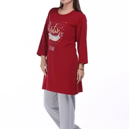 e-max Women Top & Pyjama Set Maroon, Grey Printed image 4