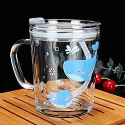 jishaenterprise Random Design Multipurpose Drinking Glass Measuring/Cup with Silicone Straw, Lid Glass Coffee Mug image 5