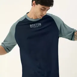 maniac Oversized Men Typography, Colorblock Round Neck Pure Cotton Dark Blue, Grey T-Shirt image 2