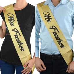 decor propz Miss Fresher & Mr. Fresher Golden Glitter Sash 2 Pcs Combo for Freshers Party image 1