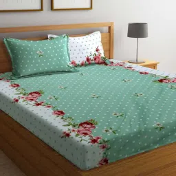 arrabi Green Floral 300 TC Cotton Blend Queen Sized Bed Sheets with 2 Pillow Covers-picture-33