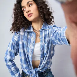 chimpaaanzee Women Oversized Fit Checkered Spread Collar Casual Shirt-picture-14