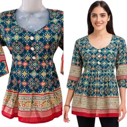 madhavmart Casual Regular Sleeves Printed Women Blue Top image 3