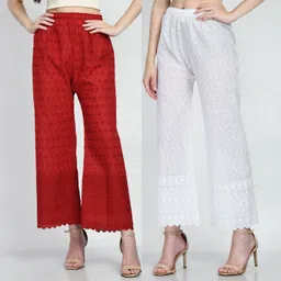 Pack of 2 Women Regular Fit Maroon, White Pure Cotton Trousers-image-2