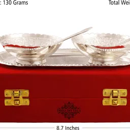 indianartvilla Set of Silver Plated 2 Bowl with 2 Spoon & 1 Tray,Designer Gift Item Bowl Spoon Tray Serving Set image 3