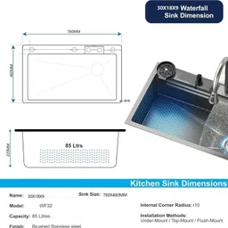gloton Nano Stainless Steel Handmade Kitchen Sink with Integrated Waterfall and Pull-Down Faucets, Soap Dispenser, 2-Drain Basket, Smart Sink 30x18x9 Inches Vessel Sink image 5