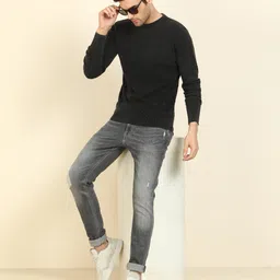 peter england Men Solid Round Neck Black Sweater image 3