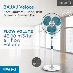 BAJAJ Veloce 5 Star 400mm 3 Blade Silent Operation Pedestal Fan (Thermal Overload Protector, White & Ocean Blue) image 4