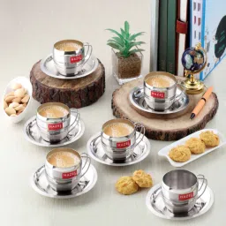 hazel (Set of 6) 170ml Stainless Steel Tea Cups with Saucer image 1