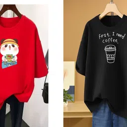 rapturous Pack of 2 Women Printed Round Neck Cotton Blend Red, Black T-Shirt-picture-25