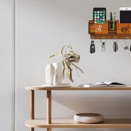 heritagecrafts Special Designer Jai Shree Ram Wooden 2 Pocket Mobile and Pen holder 8 Hooks Wood Key Holder image 3