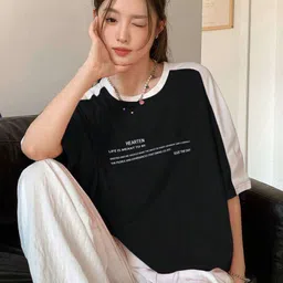 sixteenlines Women Printed Round Neck Cotton Blend Black T-Shirt image 3