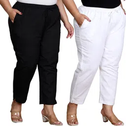 prin fashion house Pack of 2 Women Regular Fit Black, White Pure Cotton Trousers image 1