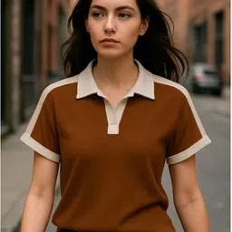 ytrick Women Colorblock, Solid Polo Neck Cotton Blend Brown T-Shirt-picture-30