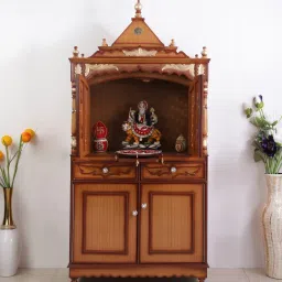 dzyn furnitures Sacred Palace Large Floor Rested Pooja Mandap with Door (Teak Gold) image 1