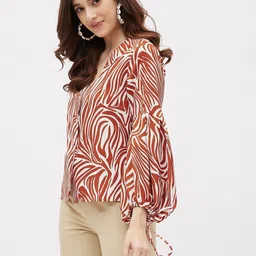 kibo Casual Flared Sleeves Graphic Print Women Brown Top image 4
