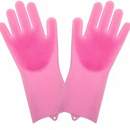 dharmsut enterprise Magic Silicone Latex-Free Scrub Cleaning Gloves with Scrubber for Dishwashing and Pet Grooming (Multicolour, 1 Pair) Grooming Gloves for Dog-picture-23