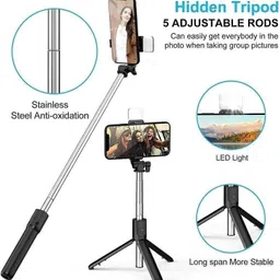PunnkFunnk R1S Bluetooth Extendable Selfie Stick with Wireless Remote and 2 Level Fill Light for Making TikTok, Vlog Videos and Tripod Stand Selfie Stick for for Mobile and All Smart Phones Tripod (Black, Supports Up to 400 g) Cable, Bluetooth Selfie Stick image 3