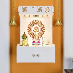 homscape Om Chakra White Mdf Wood Temples With Inbuilt Focus Light Spacious Shelf image 1