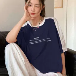 sixteenlines Women Printed Round Neck Cotton Blend Blue T-Shirt image 5