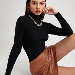 Women Solid High Neck Black Sweater-image-15