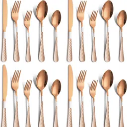 kitchantique Rosegold Silverware Set | 20-Pcs Flatware With Unique Checks Print Handle Stainless Steel Cutlery Set-picture-11