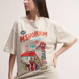 tokyo talkies Women Printed Round Neck Cotton Blend Beige T-Shirt-picture-23