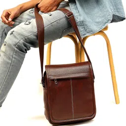 i-zone Brown Men Sling Bag Men's Synthetic Leather Crossbody Messenger Bag for Men Stylish Leather Side Bag image 4
