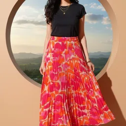 kilkilat Women Printed Pleated Beige, Pink Skirt-picture-19