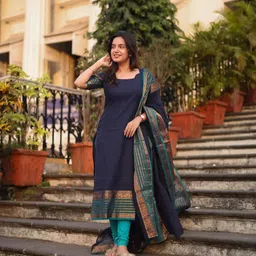 vastrahaar Women Solid Cotton Silk Ethnic Dress With Attached Dupatta image 5