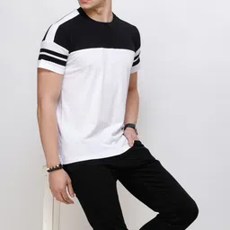 country yard Men Striped Round Neck Pure Cotton Black, White T-Shirt image 4