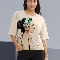 hellcat Women Graphic Print Round Neck Cotton Blend Beige T-Shirt-picture-11