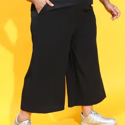 oxolloxo Women Plus Size Black Color Soild Elasticated Culottes With Side Pockets Women Regular Fit Black Polyester Trousers image 3