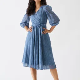 aask Women Fit and Flare Dark Blue Midi/Calf Length Dress image 1