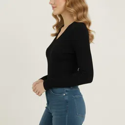 kavya fashion hub Casual Regular Sleeves Solid Women Black Top image 2