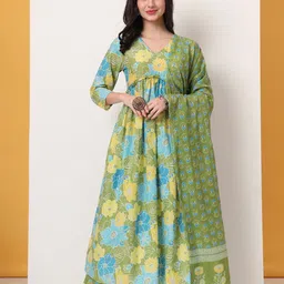 Yufta Women Floral Printed Empire Pure Cotton Kurta with Trousers & With Dupatta-picture-22