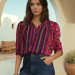 U.S. Polo Assn. Women Ethnic Motifs Print V-Neck Shirt Style Top-picture-12