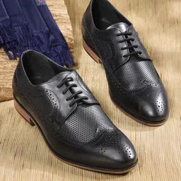 House of Pataudi Men Black Handcrafted Perforated Leather Formal Brogues-picture-33