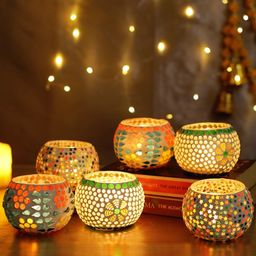 TIED RIBBONS Set of 6 White Mosaic Glass Tea Light Candle Holders-picture-2