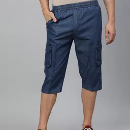 ADBUCKS Men Navy Blue Solid Pure Cotton Denim 3/4th Cargo Shorts-picture-21