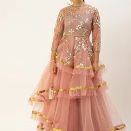 Ethnovog Women Peach-Coloured Sequinned Embellished Layered Made To Measure Maxi Dress-image-25