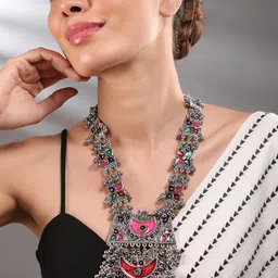 Rubans Oxidised Silver-Plated Multicolour Enamel Crescent Motif & Silver Beads Necklace-picture-14