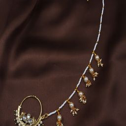 I Jewels Gold-Plated & Green Pearl Studded & Beaded Chained Nose Ring-picture-18