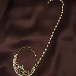 I Jewels Gold-Plated & Green Pearl Studded & Beaded Chained Nose Ring-image-65