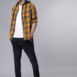 HIGHLANDER Men Mustard Yellow & Navy Blue Slim Fit Checked Hooded Casual Shirt-picture-8
