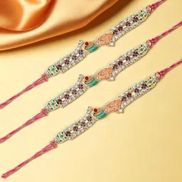 ADIVA Set Of 4 Cubic Zirconia-Studded Peacock Rakhi With Pooja Thali & Roli Chawal Bag image 1