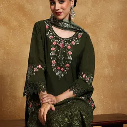 Varanga Women Floral Yoke Design Regular Thread Work Pure Cotton Kurta with Palazzos & With Dupatta-picture-25