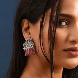 JAYPORE Silver-Plated Artificial Stones and Beads Studded Contemporary Drop Earrings-picture-41
